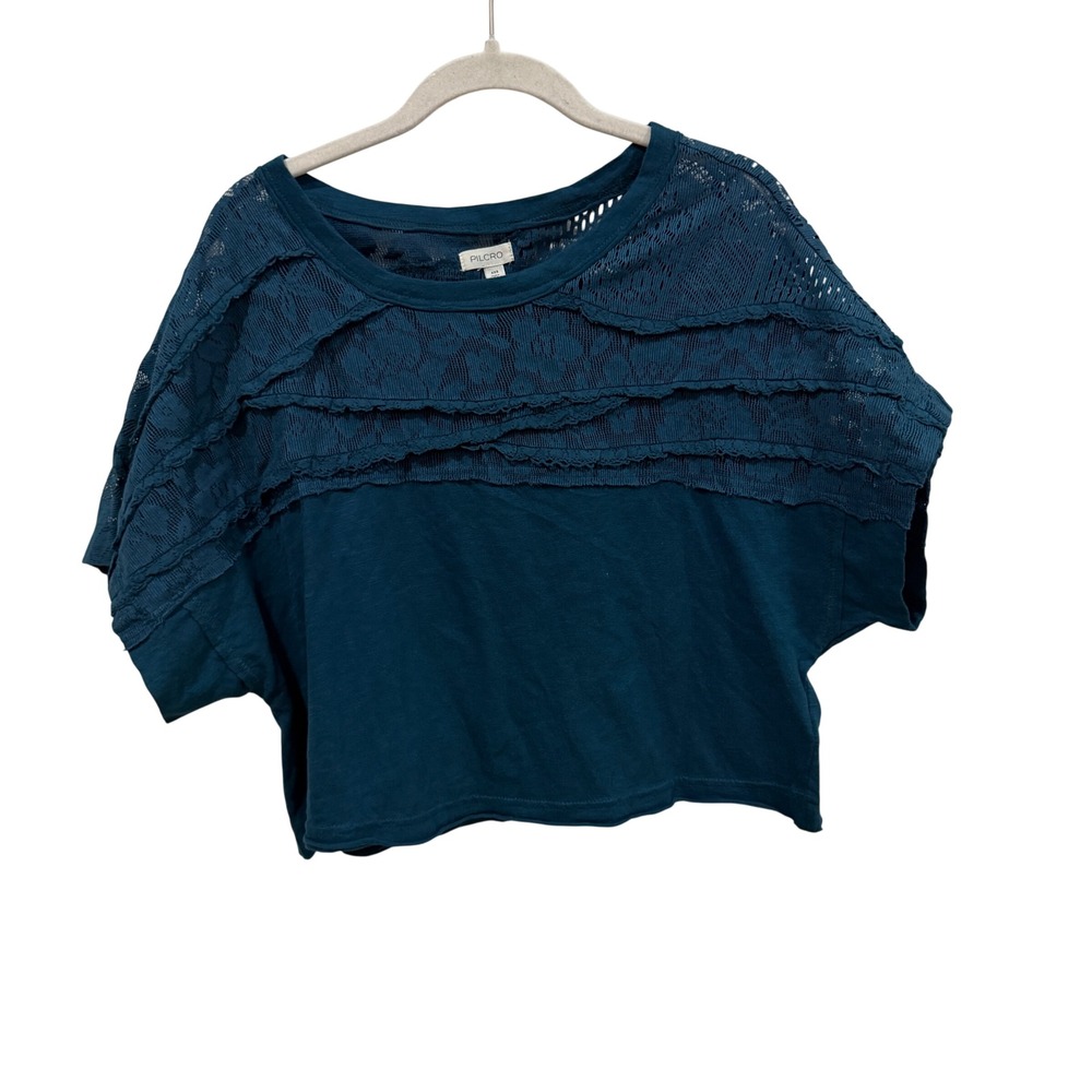 Pilcro Anthropologie Teal Blue Lace Ruffle Mixed Media Crop Top XXS Cotton‎